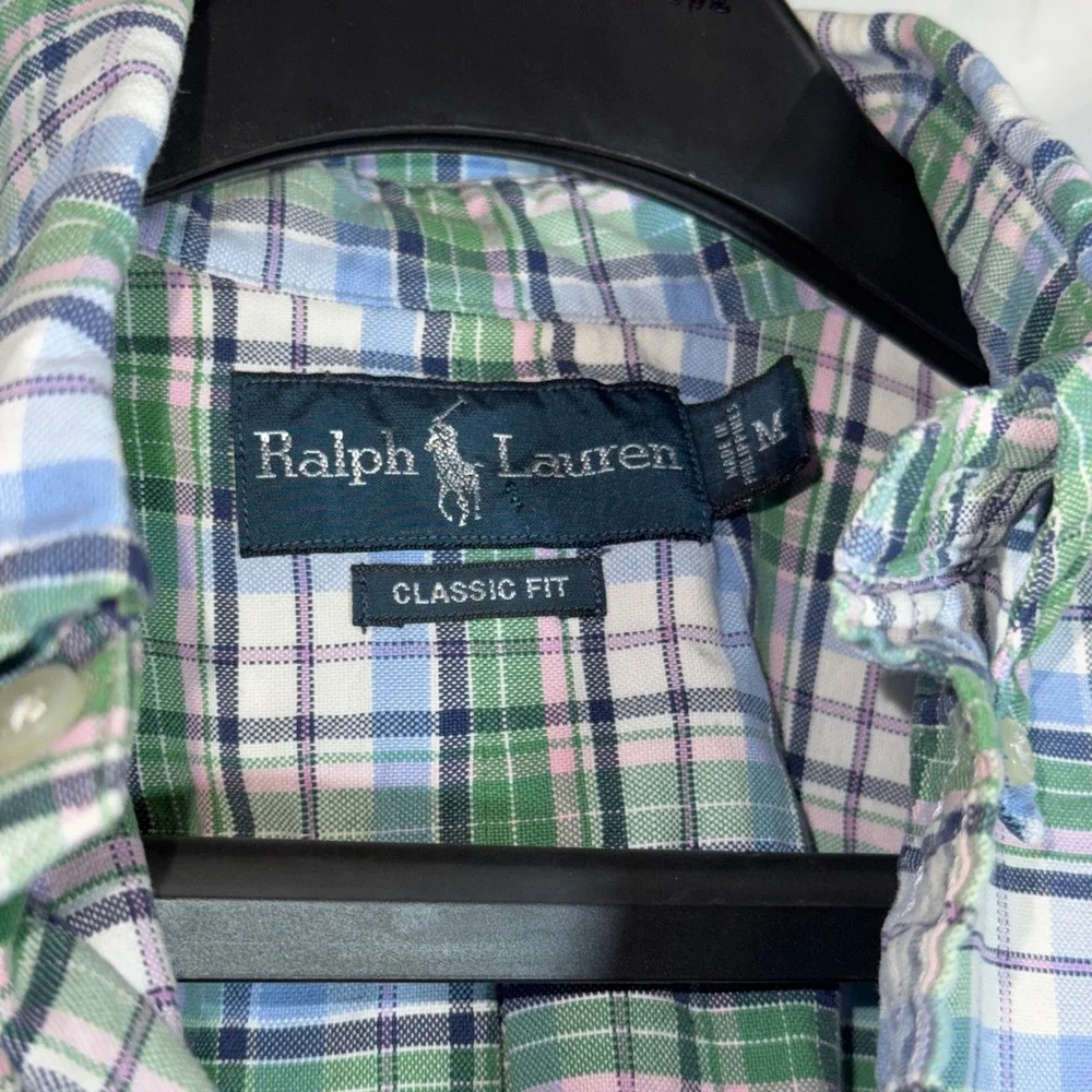 Vintage Polo Ralph Lauren Mens Classic Fit Plaid Button Down Shirt Green Blue M